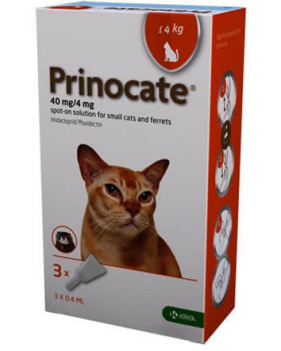 Prinocate для котів до 4 кг 3шт проти бліх,кліщів і глистів 40mg/4mg 0,4 ml KRKA