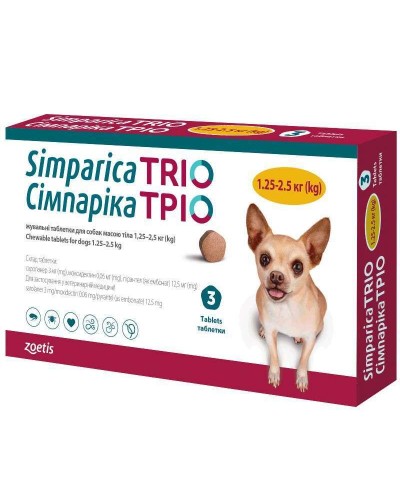 Simparica TRIO 3 таблетки для собак 1.3 - 2.5 кг проти бліх,кліщів та гельмінтів Симпарика Тріо Zoetis