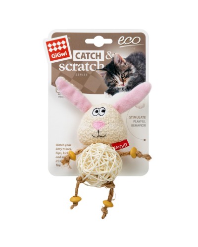 Іграшка для котів Зайчик з плетеним м'ячиком та дзвіночком GiGwi Catch&scratch, поліестер, 10 см