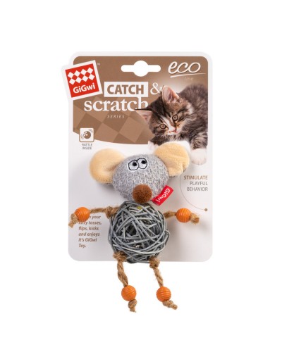 Іграшка для котів Мишка з дзвіночком GiGwi Catch&Scratch, текстиль, мотузка, ротанг, 8 см